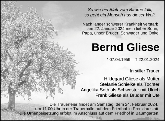 Traueranzeige von Bernd Gliese von Uckermark Kurier Prenzlauer Zeitung