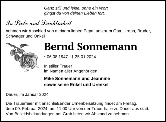 Traueranzeige von Bernd Sonnemann von Uckermark Kurier Prenzlauer Zeitung