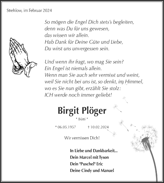 Traueranzeige von Birgit Plöger von Uckermark Kurier Prenzlauer Zeitung