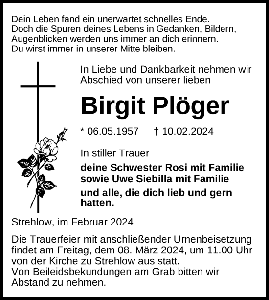 Traueranzeige von Birgit Plöger von Uckermark Kurier Prenzlauer Zeitung