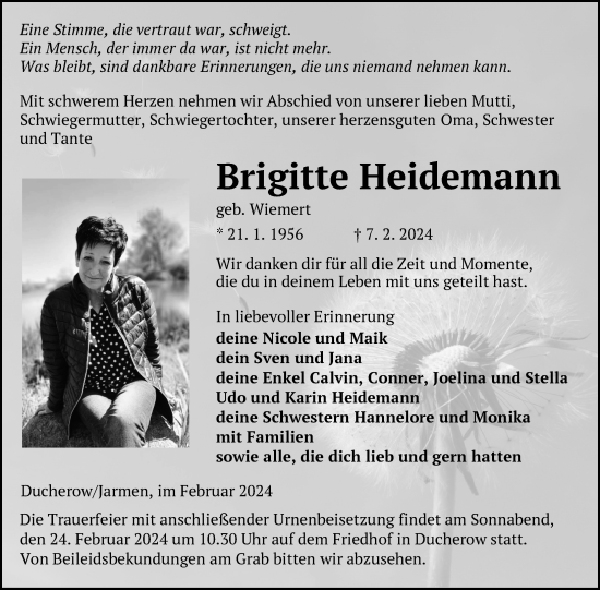 Traueranzeige von Brigitte Heidemann von Nordkurier Vorpommern Kurier