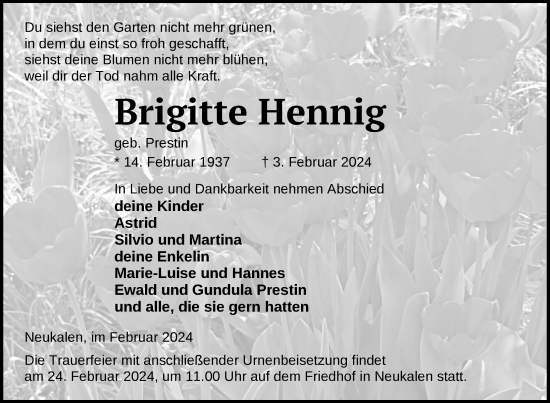Traueranzeige von Brigitte Hennig von Nordkurier Mecklenburger Schweiz
