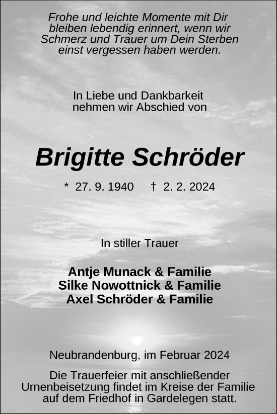 Traueranzeige von Brigitte Schröder von Nordkurier Neubrandenburger Zeitung