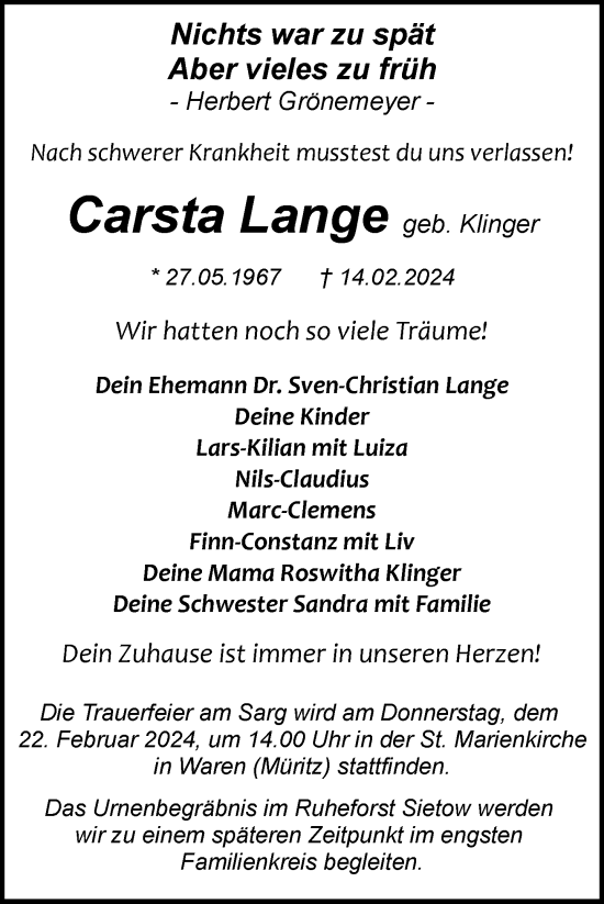Traueranzeige von Carsta Lange von Nordkurier Müritz-Zeitung