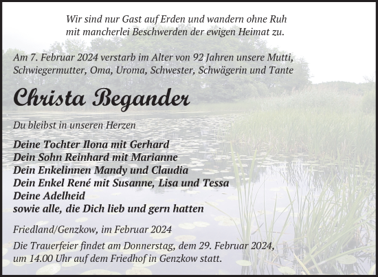 Traueranzeige von Christa Begander von Nordkurier Neubrandenburger Zeitung