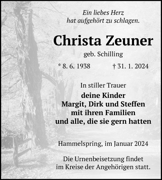 Traueranzeige von Christa Zeuner von Uckermark Kurier Prenzlauer Zeitung