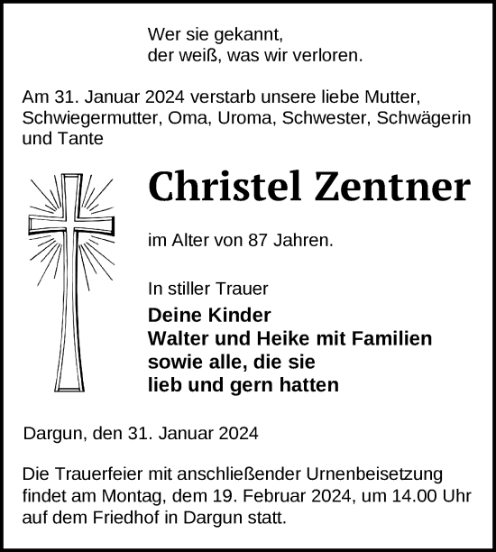 Traueranzeige von Christel Zentner von Nordkurier Mecklenburger Schweiz