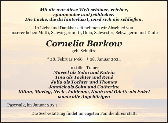 Traueranzeige von Cornelia Barkow von Nordkurier Pasewalker Zeitung