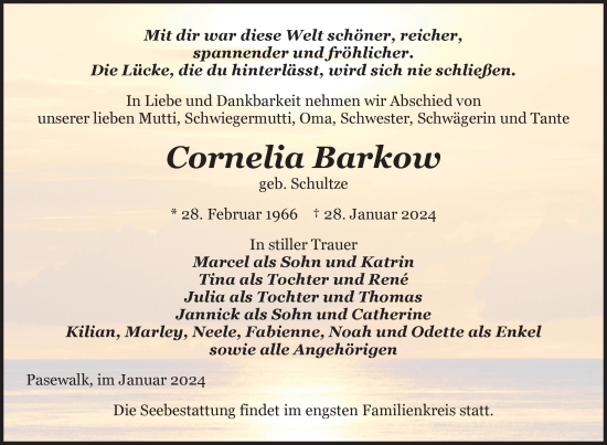 Traueranzeige von Cornelia Barkow von Nordkurier Grosso