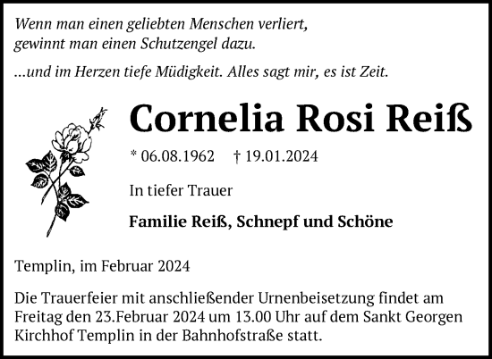 Traueranzeige von Cornelia Rosi Reiß von Uckermark Kurier Templiner Zeitung