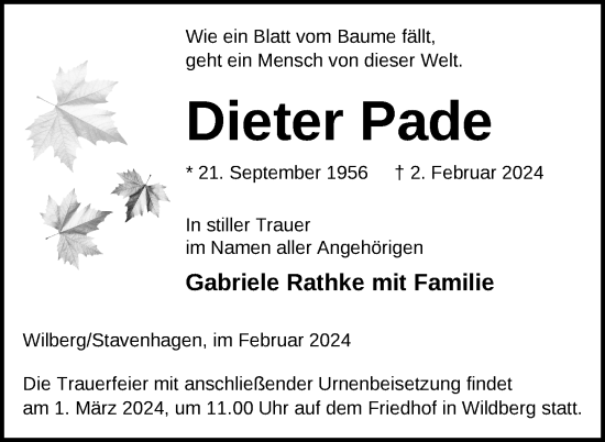 Traueranzeige von Dieter Pade von Nordkurier Neubrandenburger Zeitung