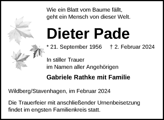 Traueranzeige von Dieter Pade von Nordkurier Neubrandenburger Zeitung