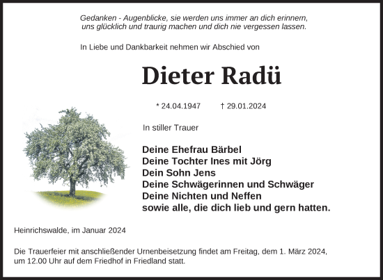Traueranzeige von Dieter Radü von Nordkurier Neubrandenburger Zeitung