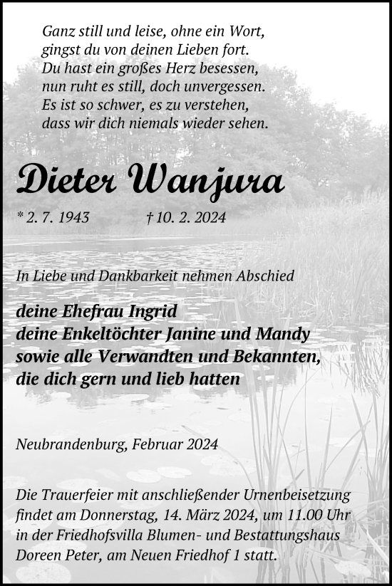 Traueranzeige von Dieter Wanjura von Nordkurier Neubrandenburger Zeitung