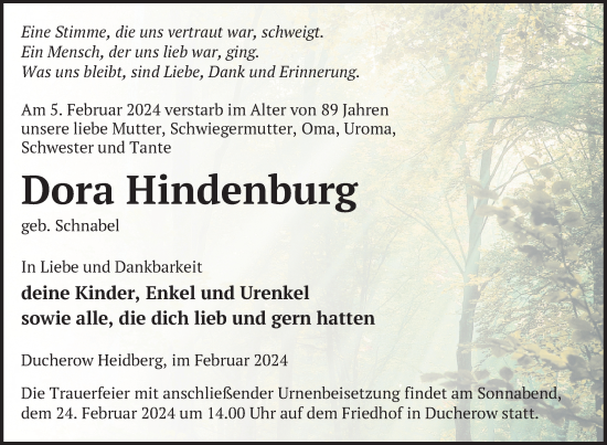 Traueranzeige von Dora Hindenburg von Nordkurier Vorpommern Kurier