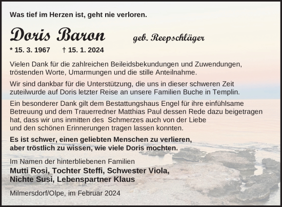 Traueranzeige von Doris Baron von Uckermark Kurier Templiner Zeitung