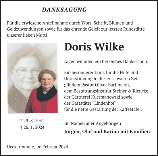 Traueranzeige von Doris Wilke von Nordkurier Haff-Zeitung