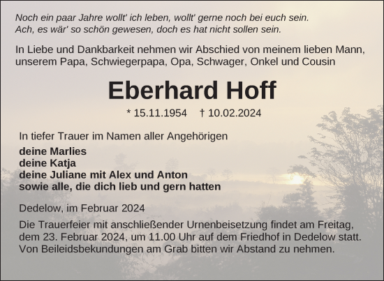 Traueranzeige von Eberhard Hoff von Uckermark Kurier Prenzlauer Zeitung
