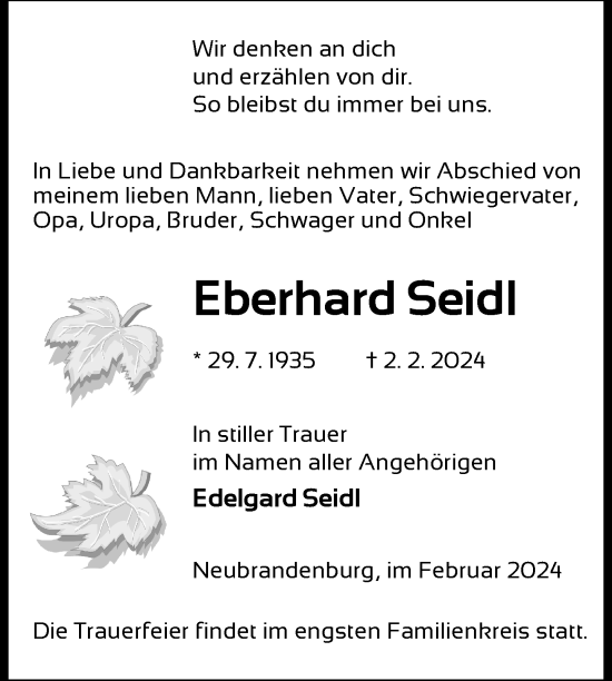 Traueranzeige von Eberhard Seidl von Nordkurier Neubrandenburger Zeitung
