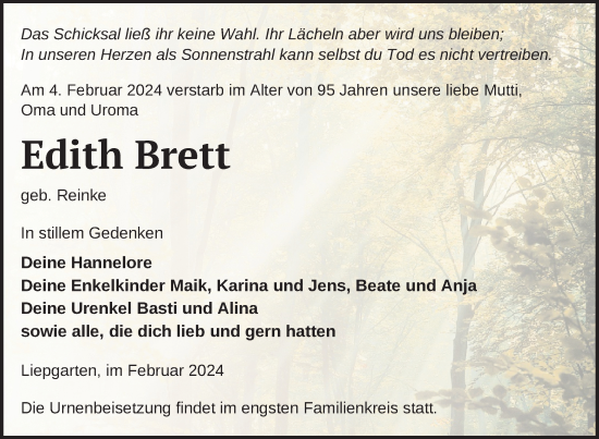 Traueranzeige von Edith Brett von Nordkurier Haff-Zeitung
