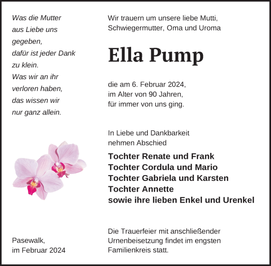 Traueranzeige von Ella Pump von Nordkurier Pasewalker Zeitung