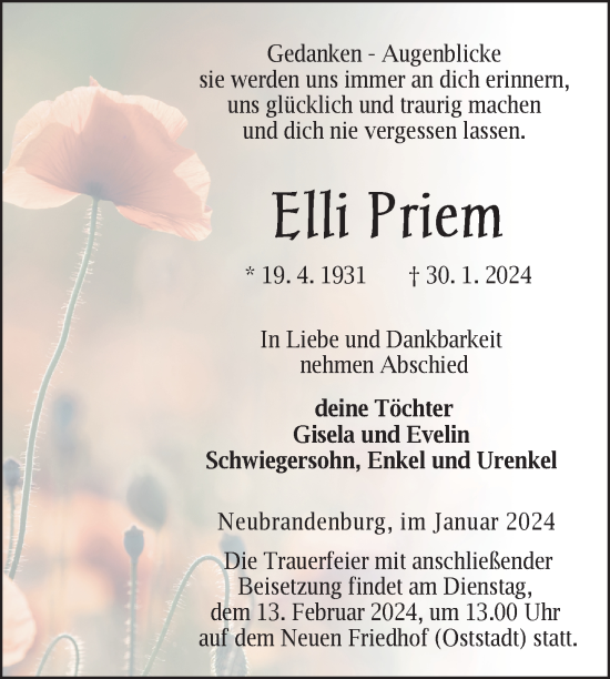 Traueranzeige von Elli Priem von Nordkurier Neubrandenburger Zeitung