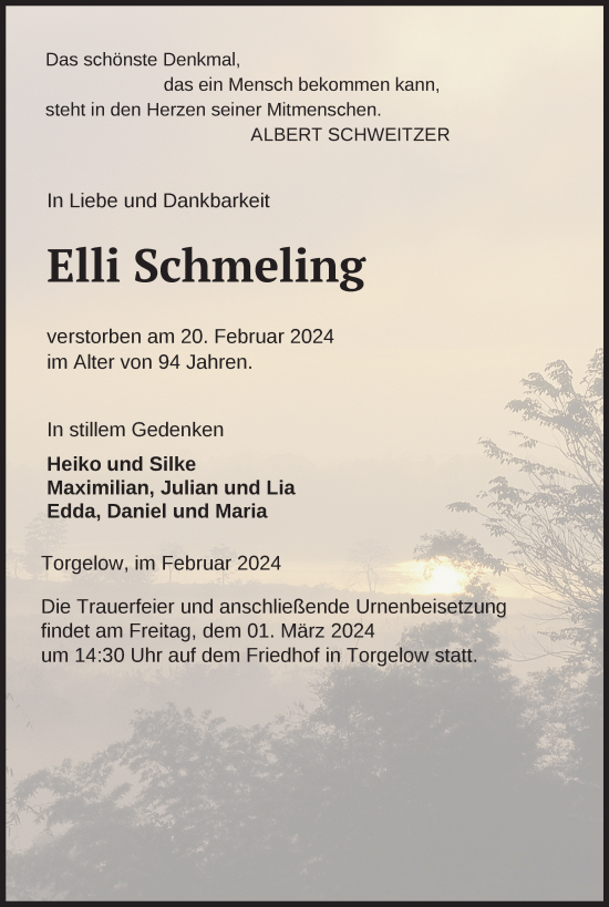 Traueranzeige von Elli Schmeling von Nordkurier Haff-Zeitung