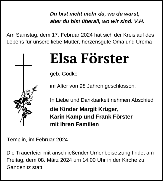 Traueranzeige von Elsa Förster von Uckermark Kurier Templiner Zeitung