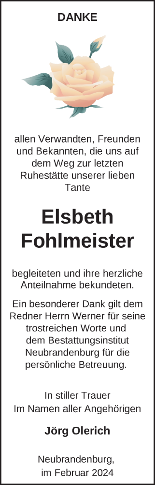 Traueranzeige von Elsbeth Fohlmeister von Nordkurier Neubrandenburger Zeitung