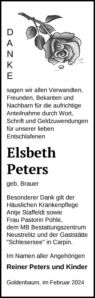 Traueranzeige von Elsbeth Peters von Nordkurier Strelitzer Zeitung