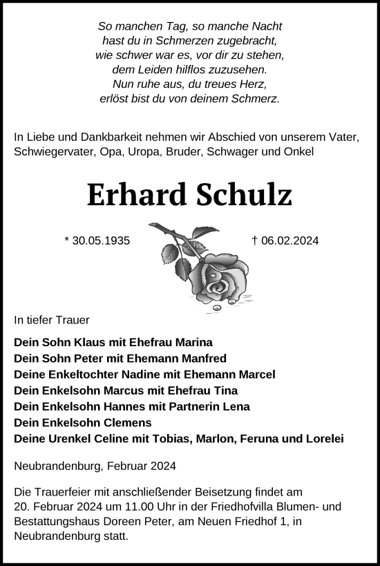 Traueranzeige von Erhard Schulz von Nordkurier Neubrandenburger Zeitung