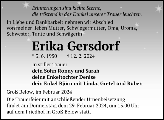 Traueranzeige von Erika Gersdorf von Nordkurier Neubrandenburger Zeitung