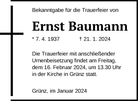 Traueranzeige von Ernst Baumann von Nordkurier Pasewalker Zeitung