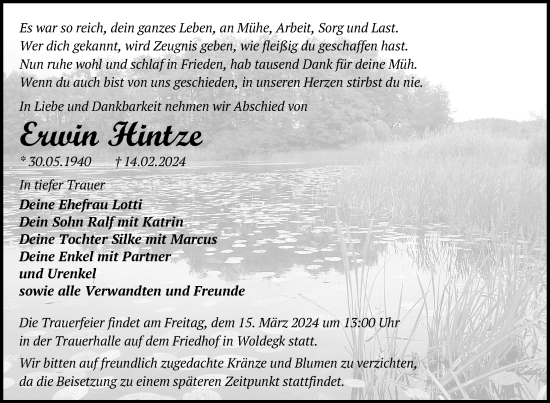 Traueranzeige von Erwin Hintze von Nordkurier Strelitzer Zeitung