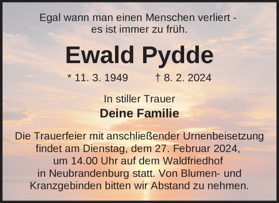 Traueranzeige von Ewald Pydde von Nordkurier Neubrandenburger Zeitung