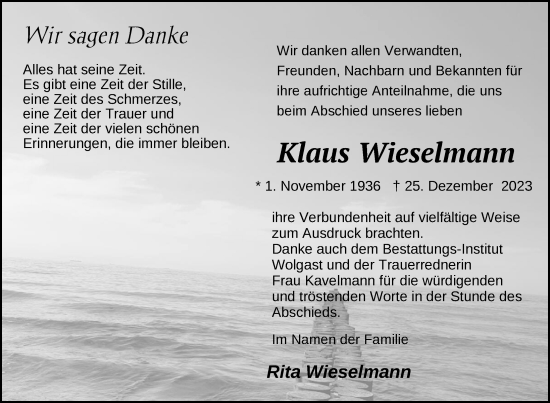 Traueranzeige von Klaus Wieselmann von MÜRITZ-ZEITUNG