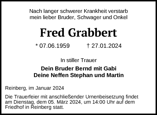 Traueranzeige von Fred Grabbert von Nordkurier Neubrandenburger Zeitung