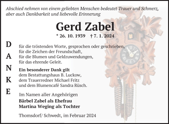 Traueranzeige von Gerd Zabel von Uckermark Kurier Templiner Zeitung