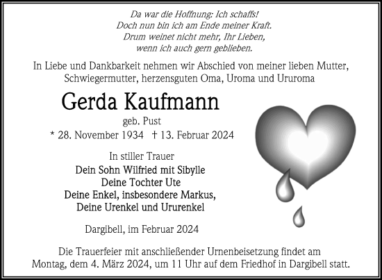 Traueranzeige von Gerda Kaufmann von Nordkurier Vorpommern Kurier