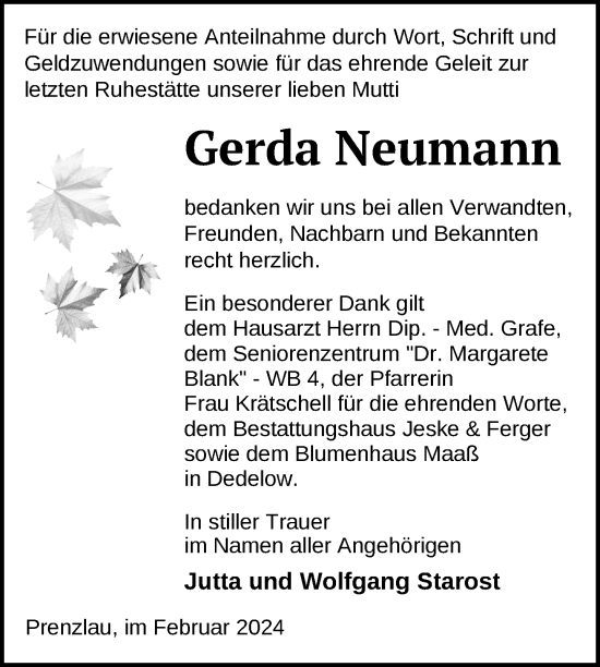 Traueranzeige von Gerda Neumann von Uckermark Kurier Prenzlauer Zeitung