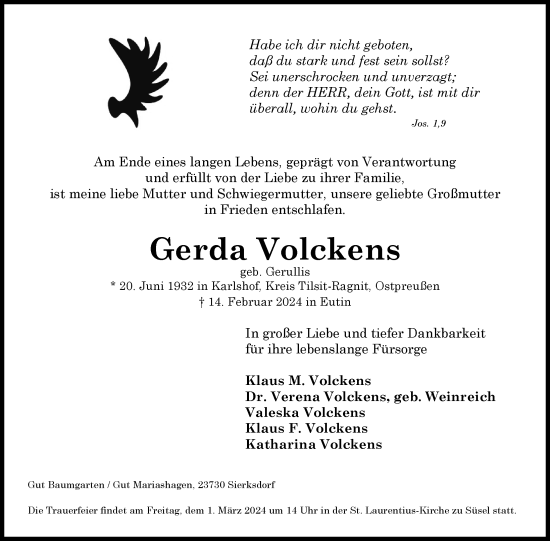 Traueranzeige von Gerda Volckens von Uckermark Kurier Prenzlauer Zeitung