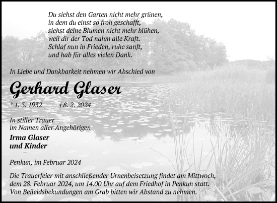 Traueranzeige von Gerhard Glaser von Nordkurier Pasewalker Zeitung