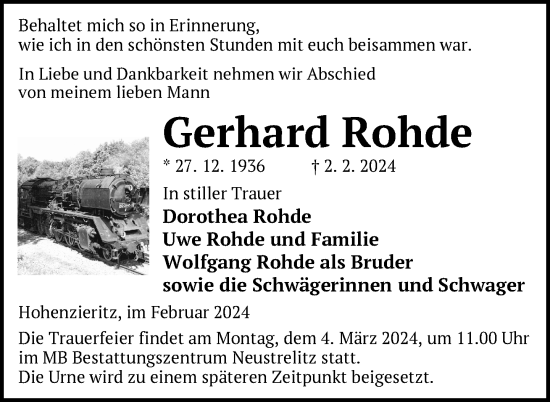 Traueranzeige von Gerhard Rohde von Nordkurier Strelitzer Zeitung