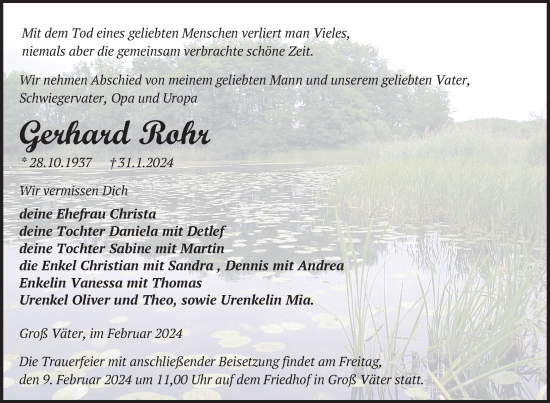 Traueranzeige von Gerhard Rohr von Uckermark Kurier Templiner Zeitung