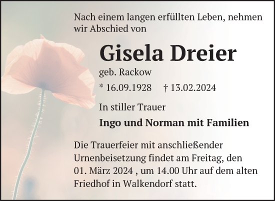 Traueranzeige von Gisela Dreier von Nordkurier Mecklenburger Schweiz