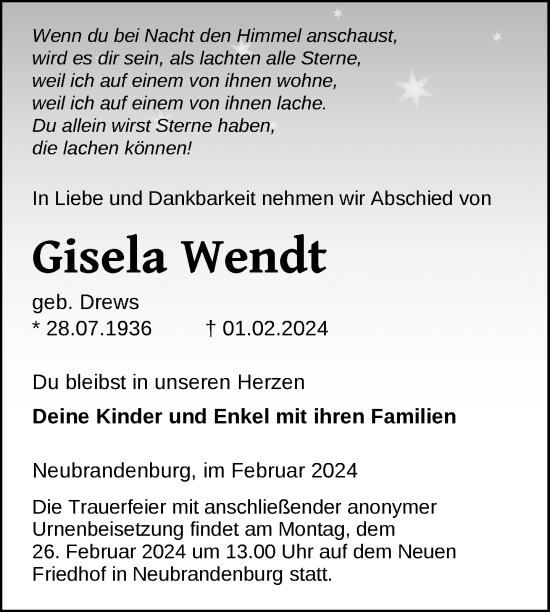 Traueranzeige von Gisela Wendt von Nordkurier Neubrandenburger Zeitung