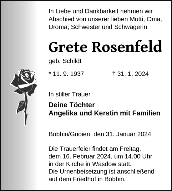 Traueranzeige von Grete Rosenfeld von Nordkurier Mecklenburger Schweiz