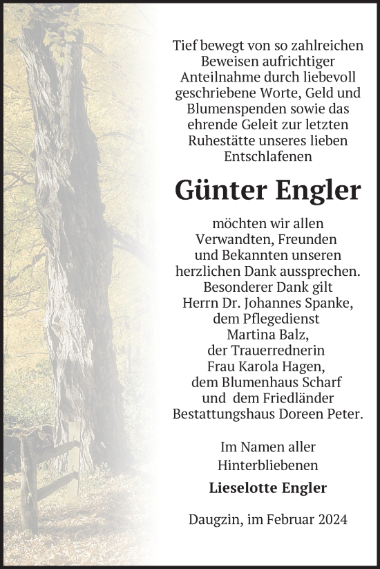 Traueranzeige von Günter Engler von Nordkurier Neubrandenburger Zeitung