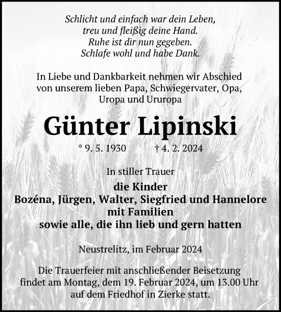 Traueranzeige von Günter Lipinski von Nordkurier Strelitzer Zeitung