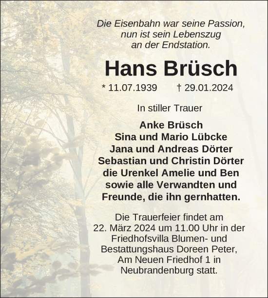 Traueranzeige von Hans Brüsch von Nordkurier Neubrandenburger Zeitung